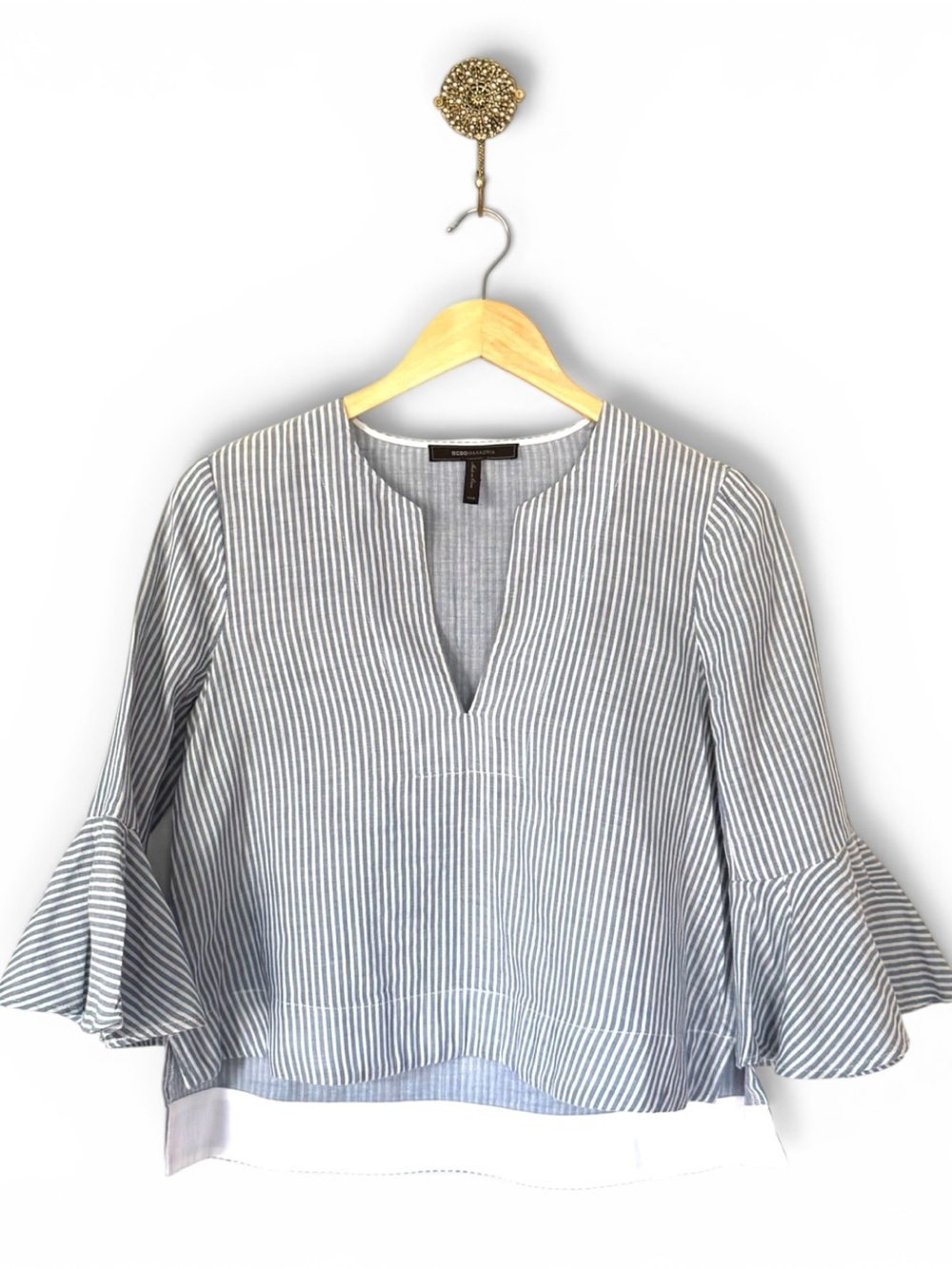 BCBGMAXAZRIA Valari Ruffle Sleeve Top XXS Striped Cotton Blouse